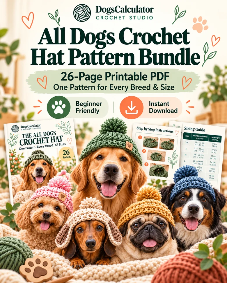 All Dogs Crochet Hat Pattern Bundle PDF cover, with dogs wearing colorful crochet hats.
