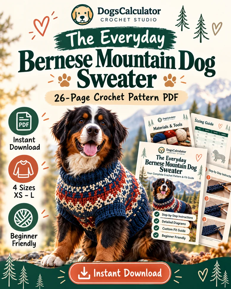 The Everyday Bernese Mountain Dog Sweater crochet PDF cover, with a Bernese dog wearing a patterned sweater.